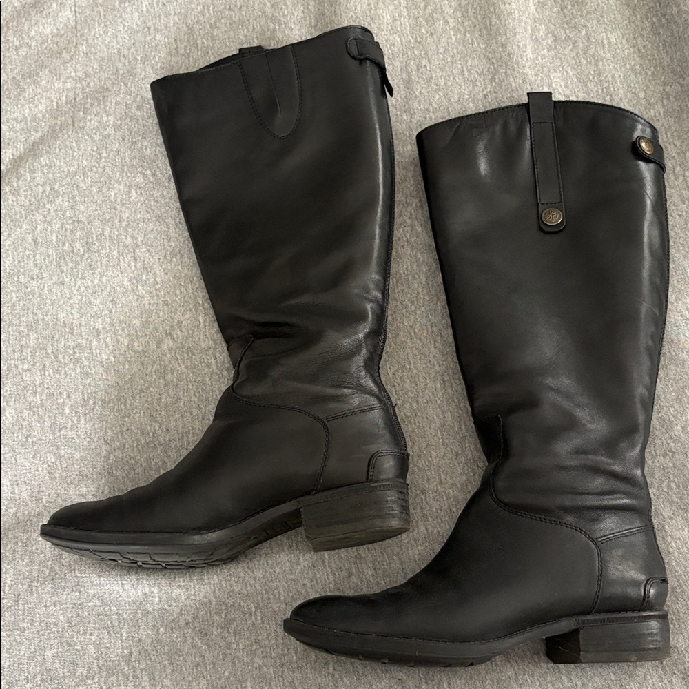Sam Edelman Penny Wide Calf Black Leather Riding Zip Knee High Low Heel Boots 36